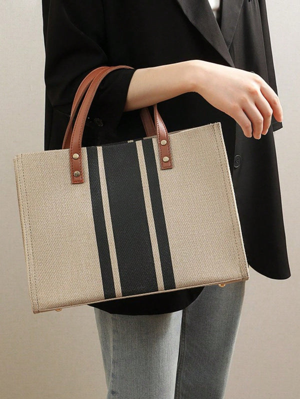 Shein - Waterproof Trendy Medium Square Bag Stripe Pattern Double Handle Canvas Large Capacity Handbag