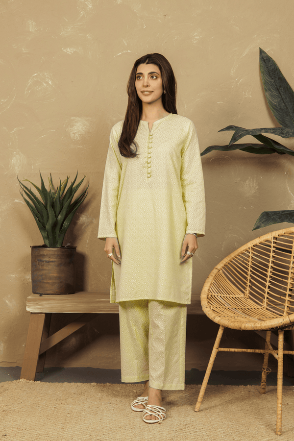 VYBE- Basic Co-Ord-Chikankari Lemon