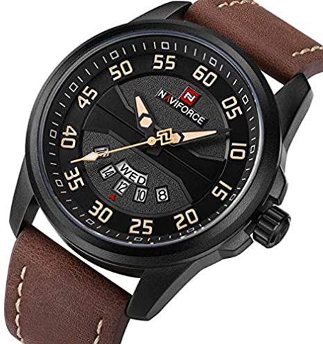 Naviforce- NF9124 Men's Sport Leather Strap Quartz Watch with Date and Day Display - Brown